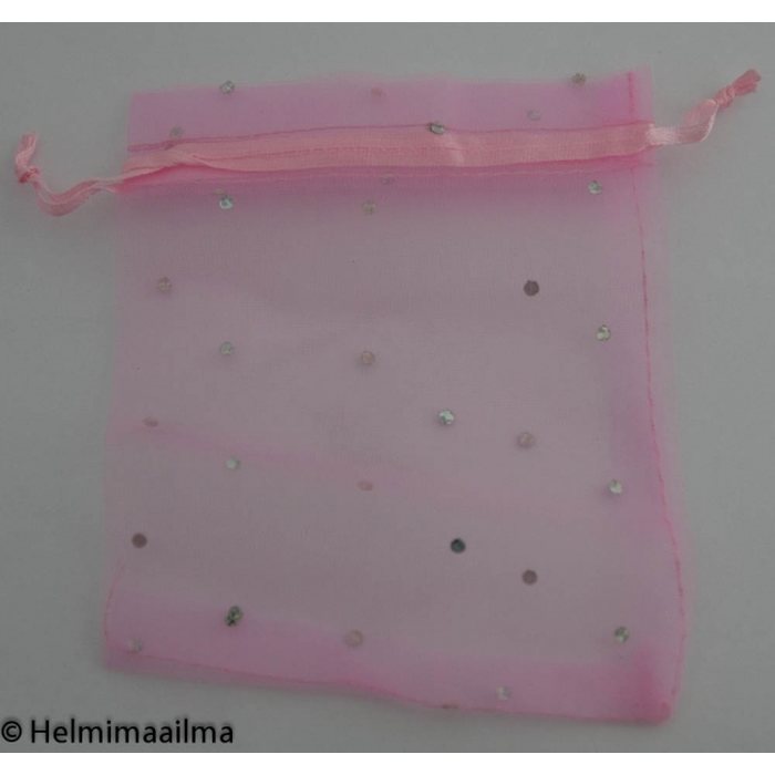 Organzapussi vaaleanpunainen hopeanvärisillä paljeteilla 10 X 12 cm, 1 kpl